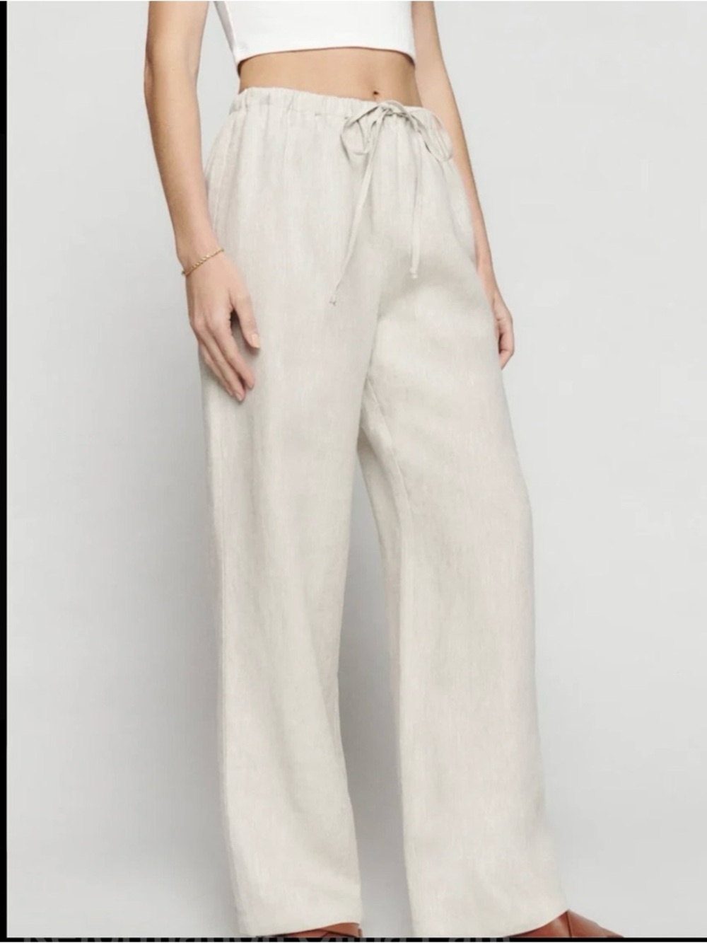 Reformation Cream Wide-Leg Drawstring Linen Pants S